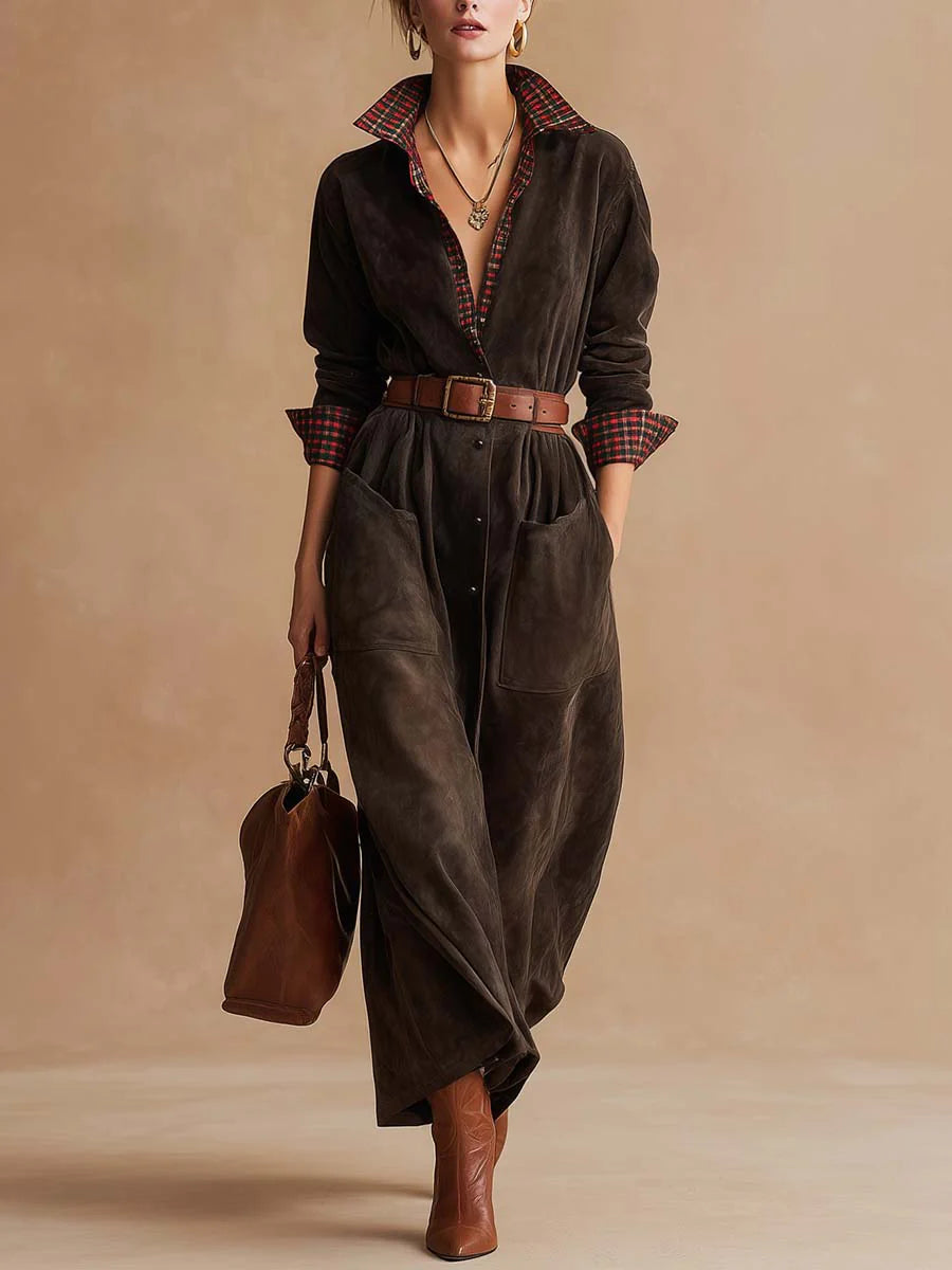 Retro dark brown suede patchwork plaid collared dress(Includes belt