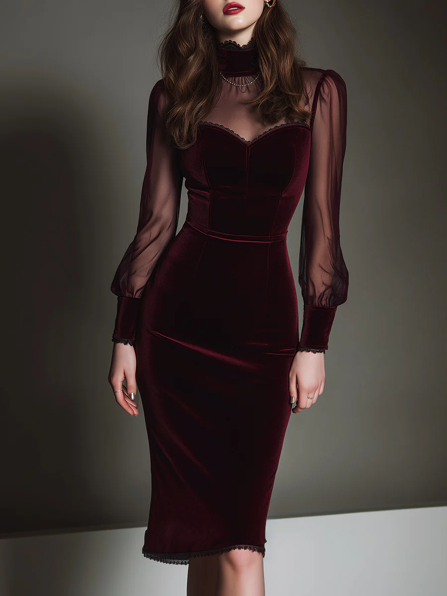 Burgundy Velvet Patchwork Sweetheart Neck Mesh Pencil Midi Dress – Bellina