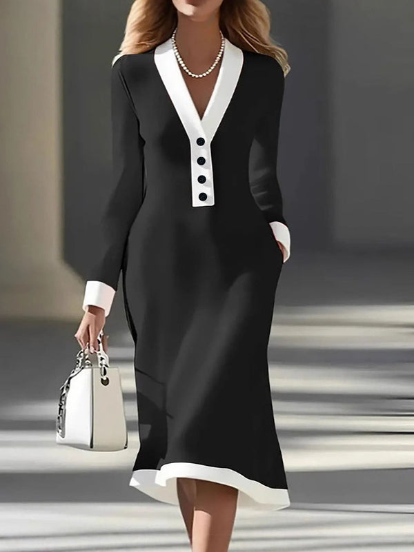 Elegant color-blocked V-neck midi dress for commuting