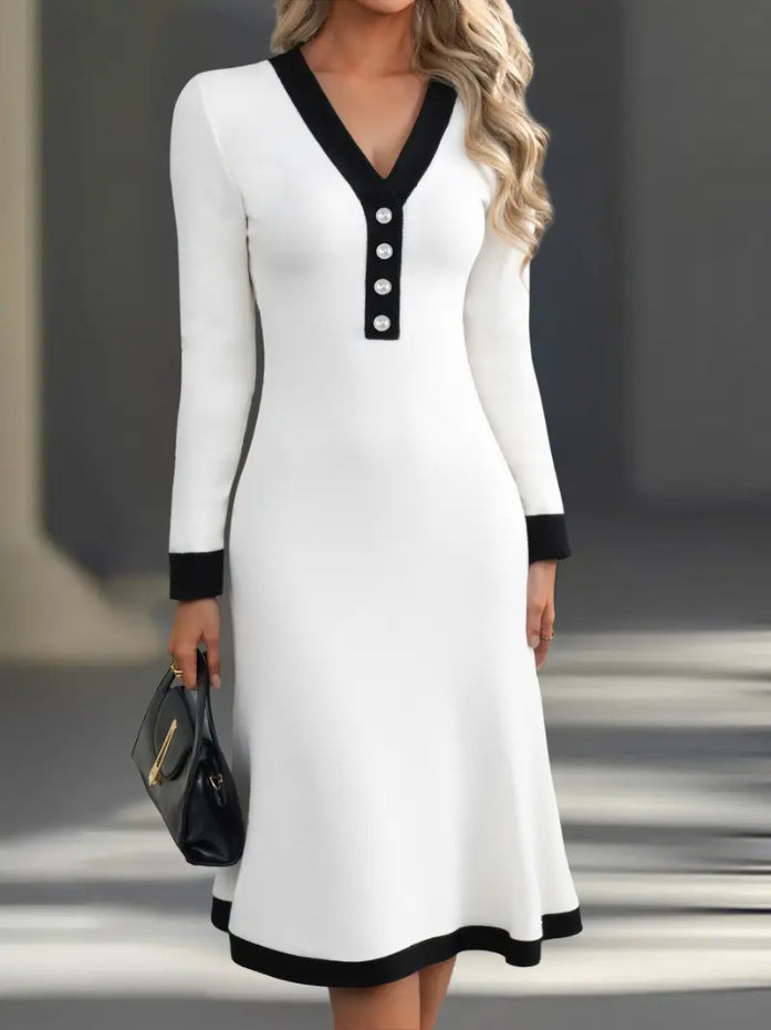 Elegant color-blocked V-neck midi dress for commuting