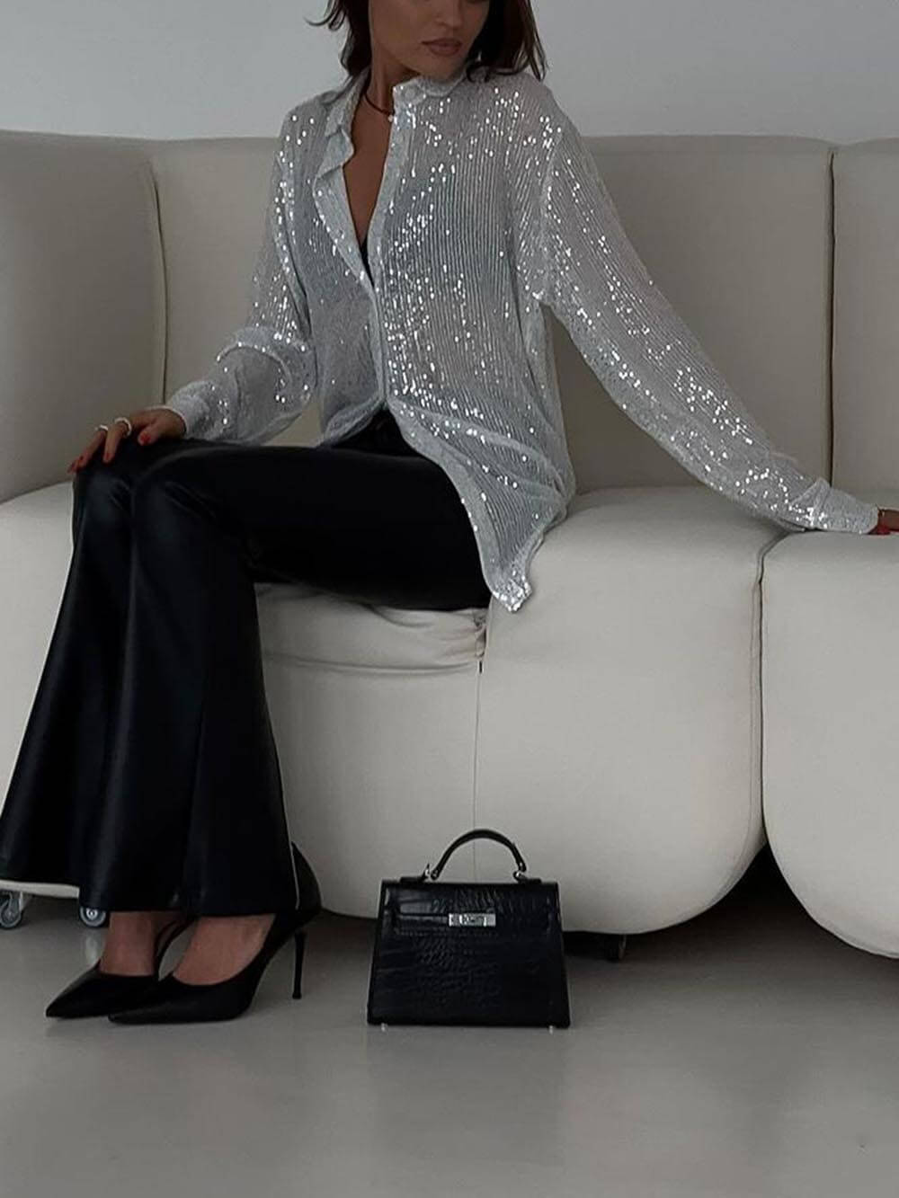 Stylish Sequined Collared Long-sleeved Shirt