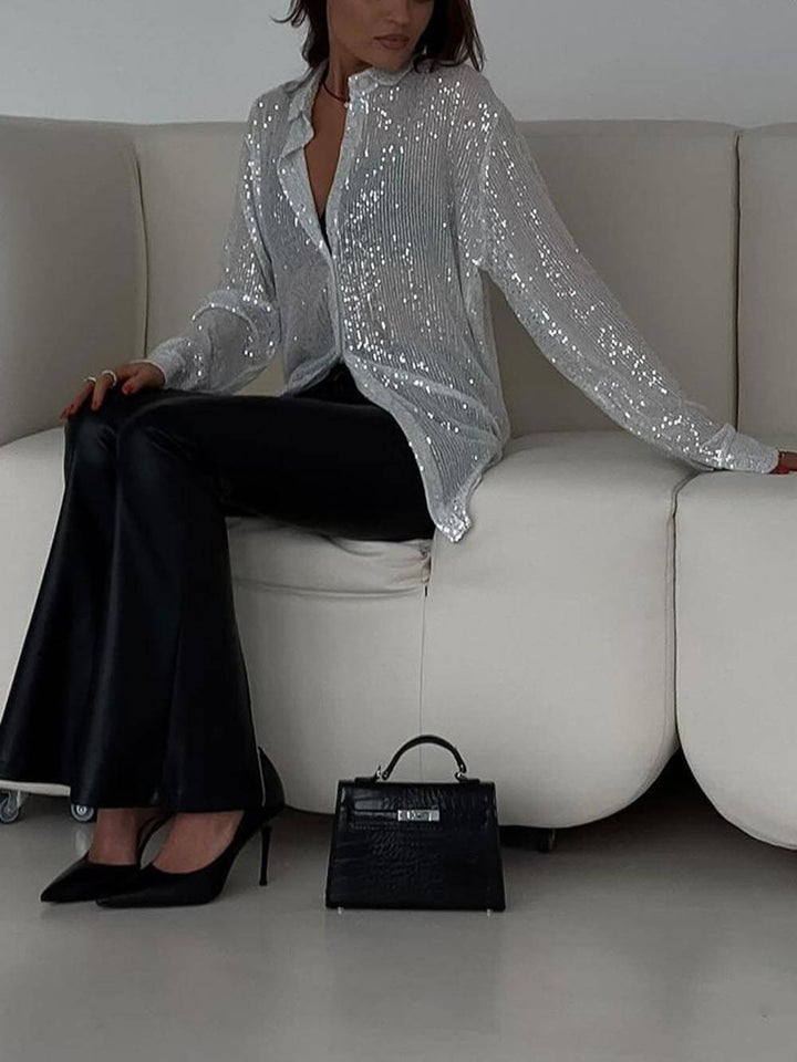 Stylish Sequined Collared Long-sleeved Shirt
