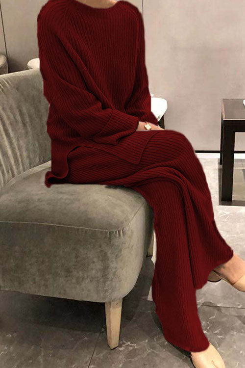 Long-sleeved solid color knitted casual sweater two-piece