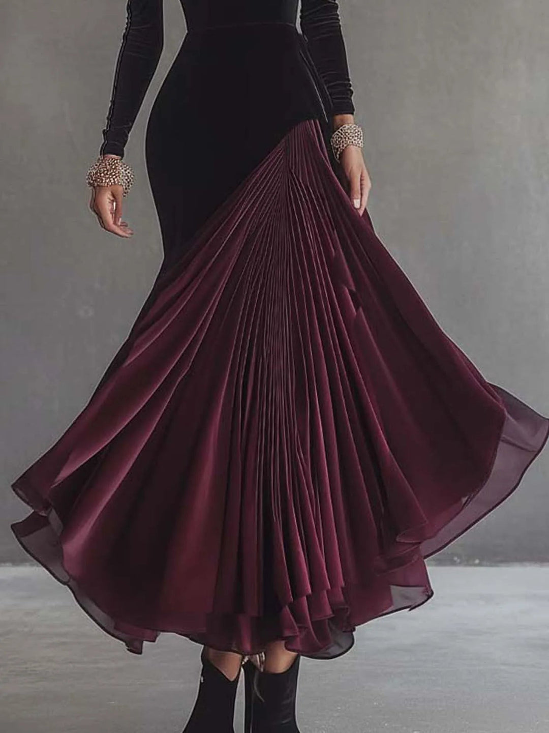 Black V-neck openwork velvet and chiffon patchwork dress