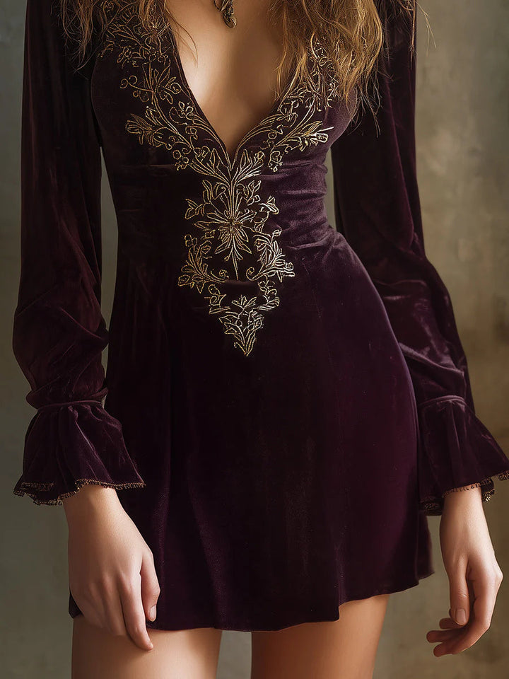 Luxury Embroidered V-neck Velvet Mini Dress