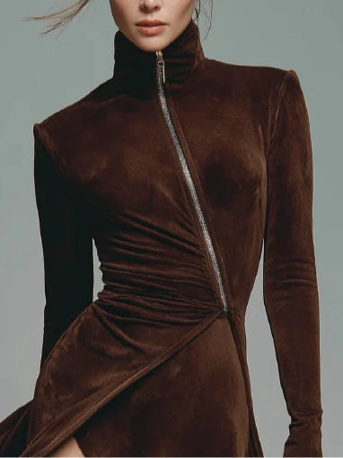Velvet Asymmetric Zip-Up High Neck Mini Dress