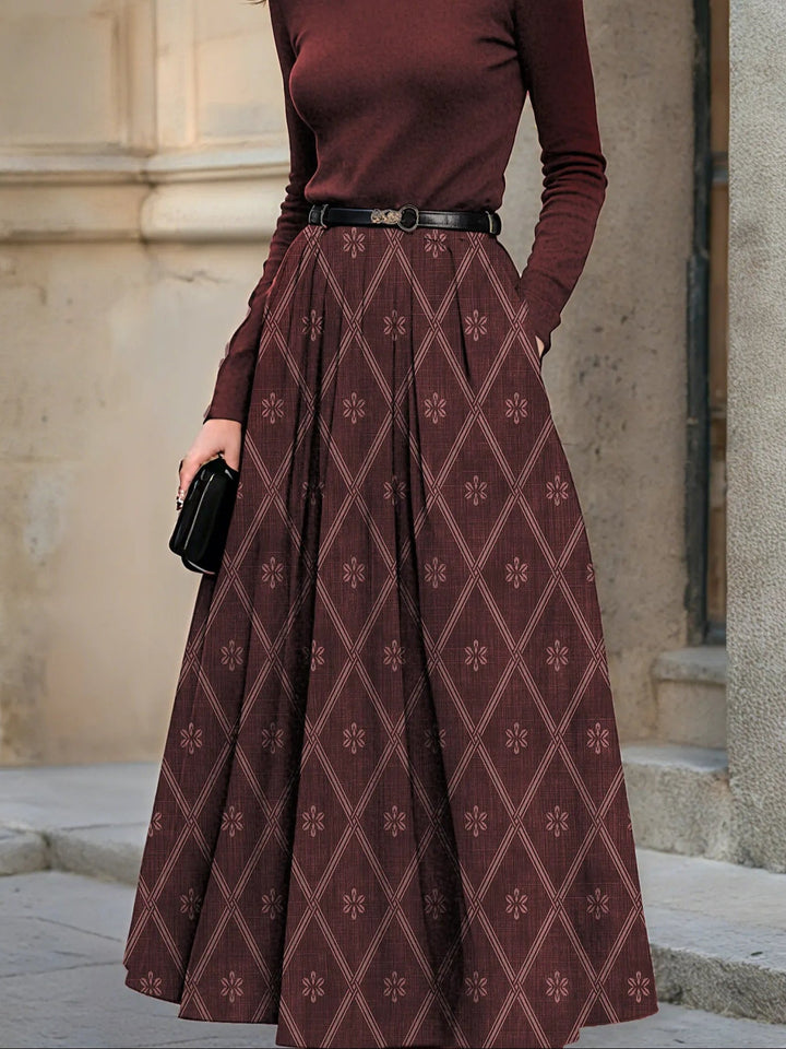 Retro red top and plaid print maxi skirt set (including belt)
