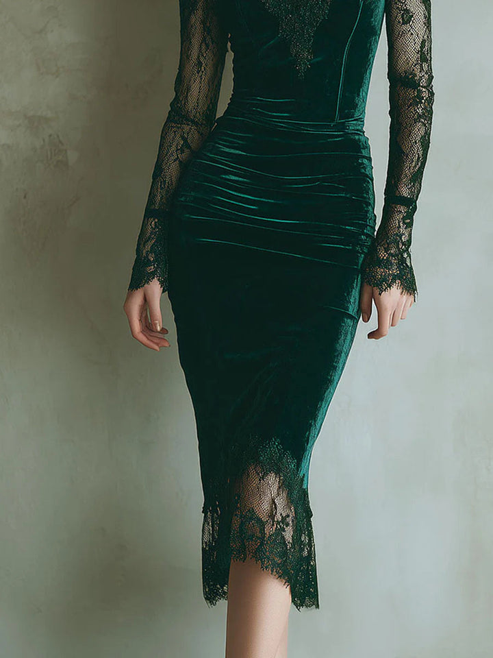 Elegant Green Velvet Long Sleeve Lace Midi Dress