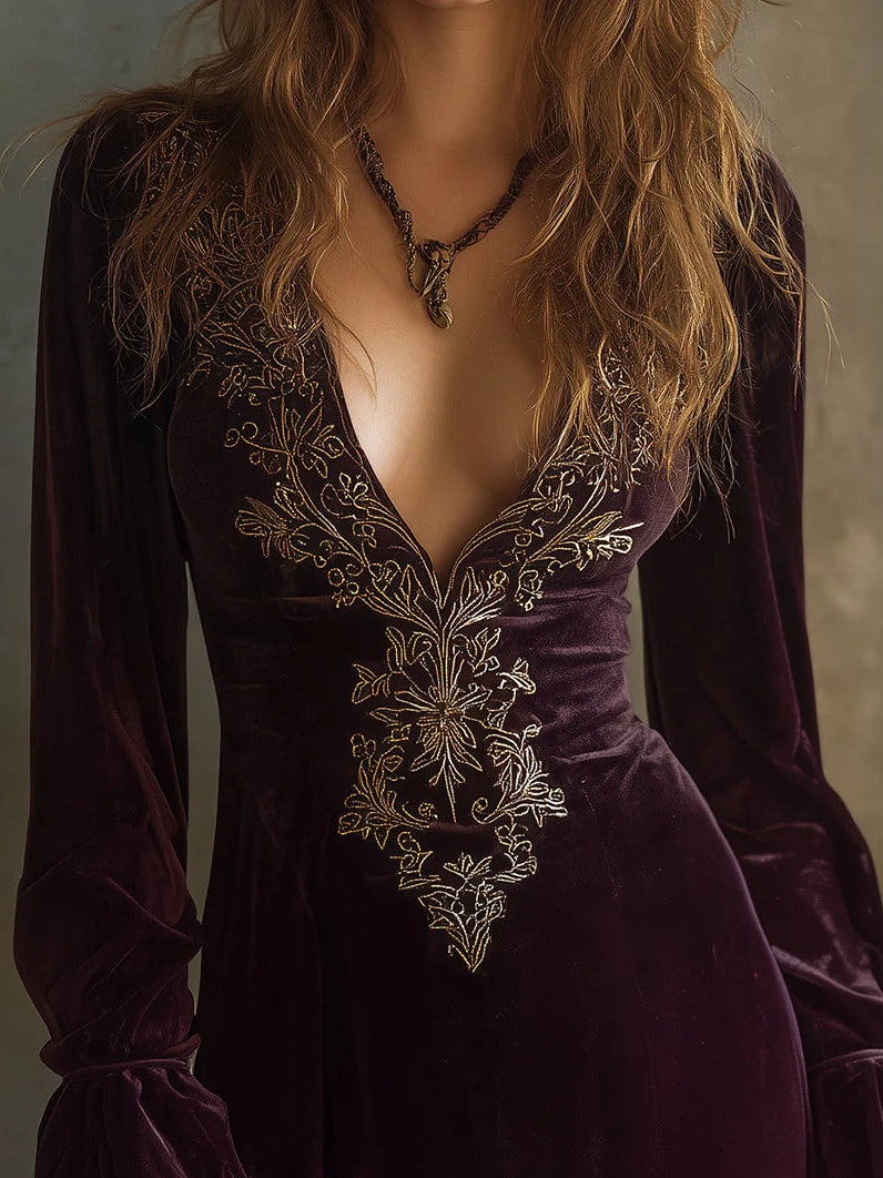 Luxury Embroidered V-neck Velvet Mini Dress