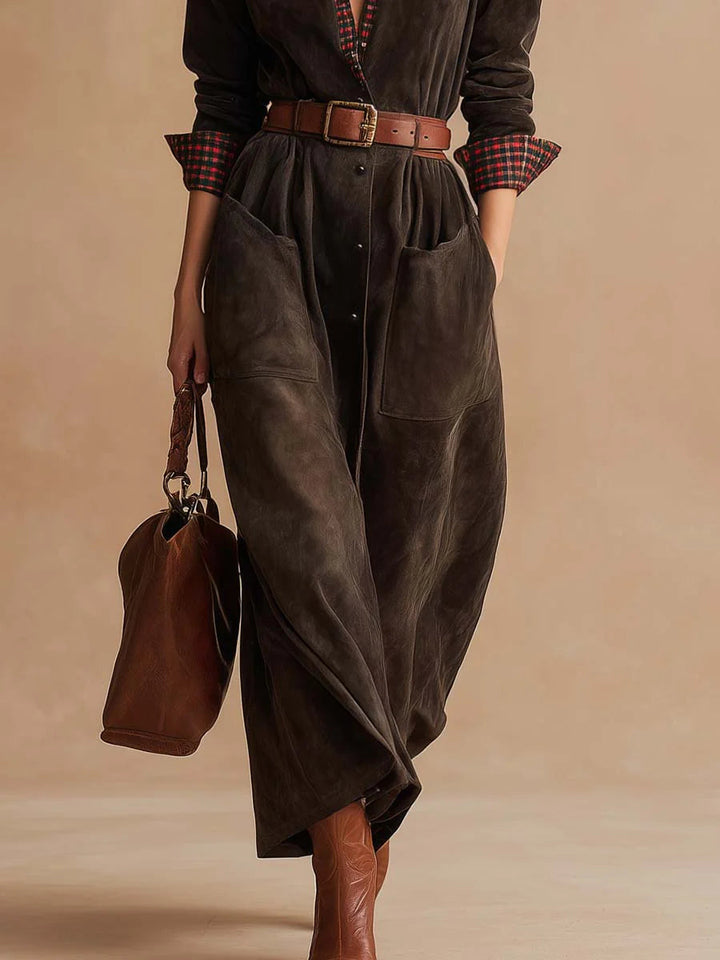 Retro dark brown suede patchwork plaid collared dress（Includes belt）
