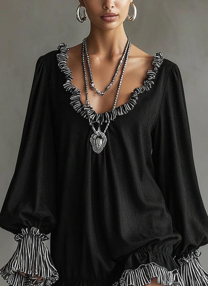 Black Faux Suede Striped Ruffled Loose Mini Dress