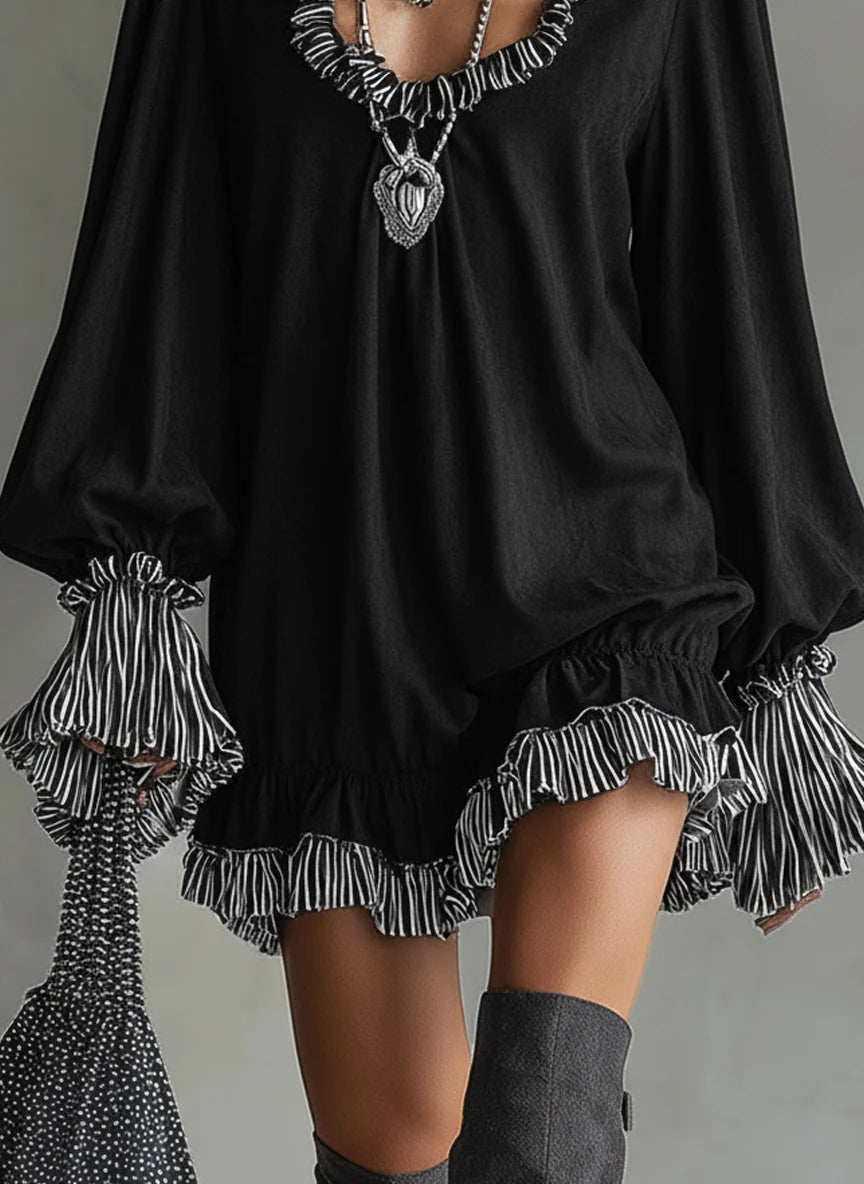 Black Faux Suede Striped Ruffled Loose Mini Dress