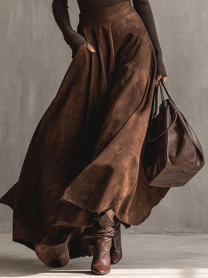 Coffee Distressed Suede Midi Skirt Set