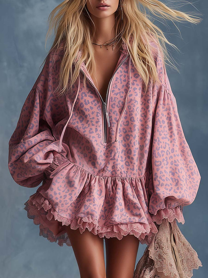 Pink leopard print hooded mini dress with front zipper and ruffled hem