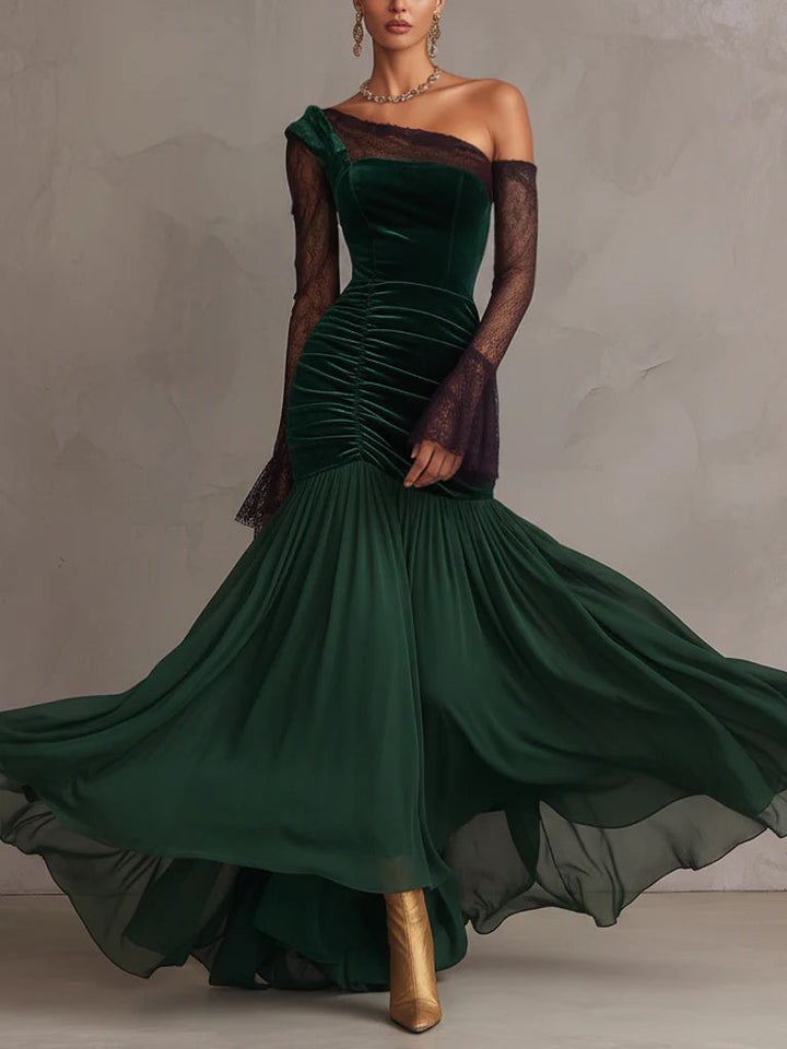 Green velvet chiffon lace-sleeved maxi dress
