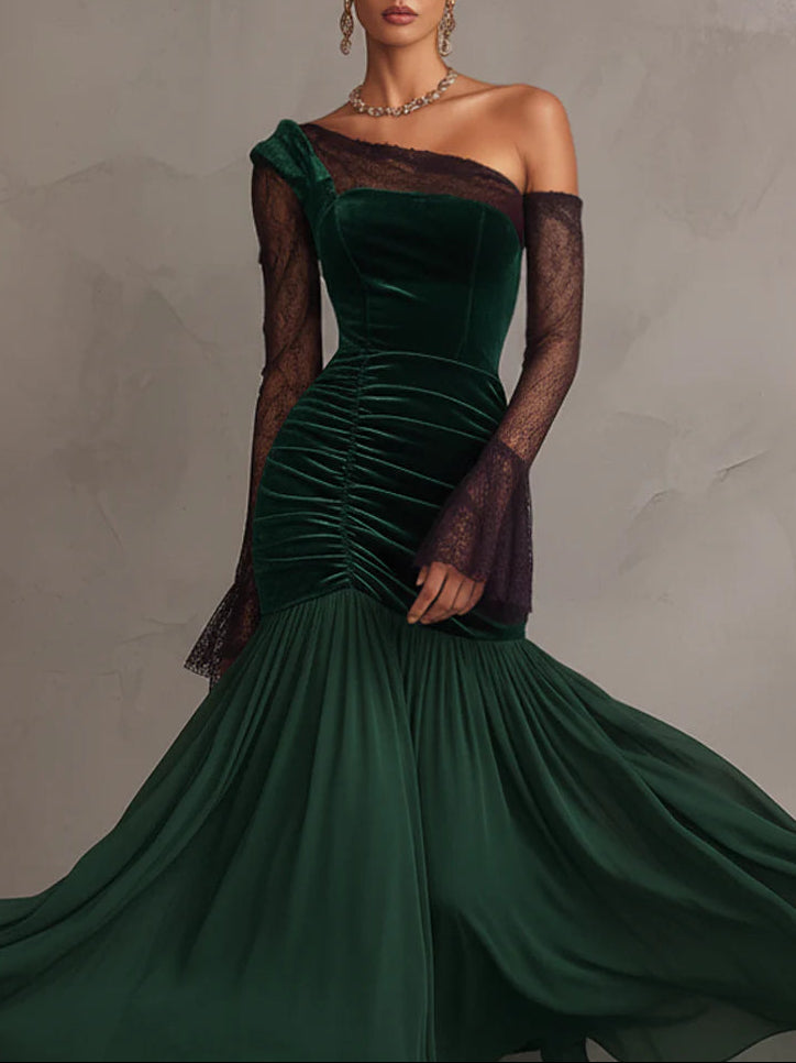 Green velvet chiffon lace-sleeved maxi dress