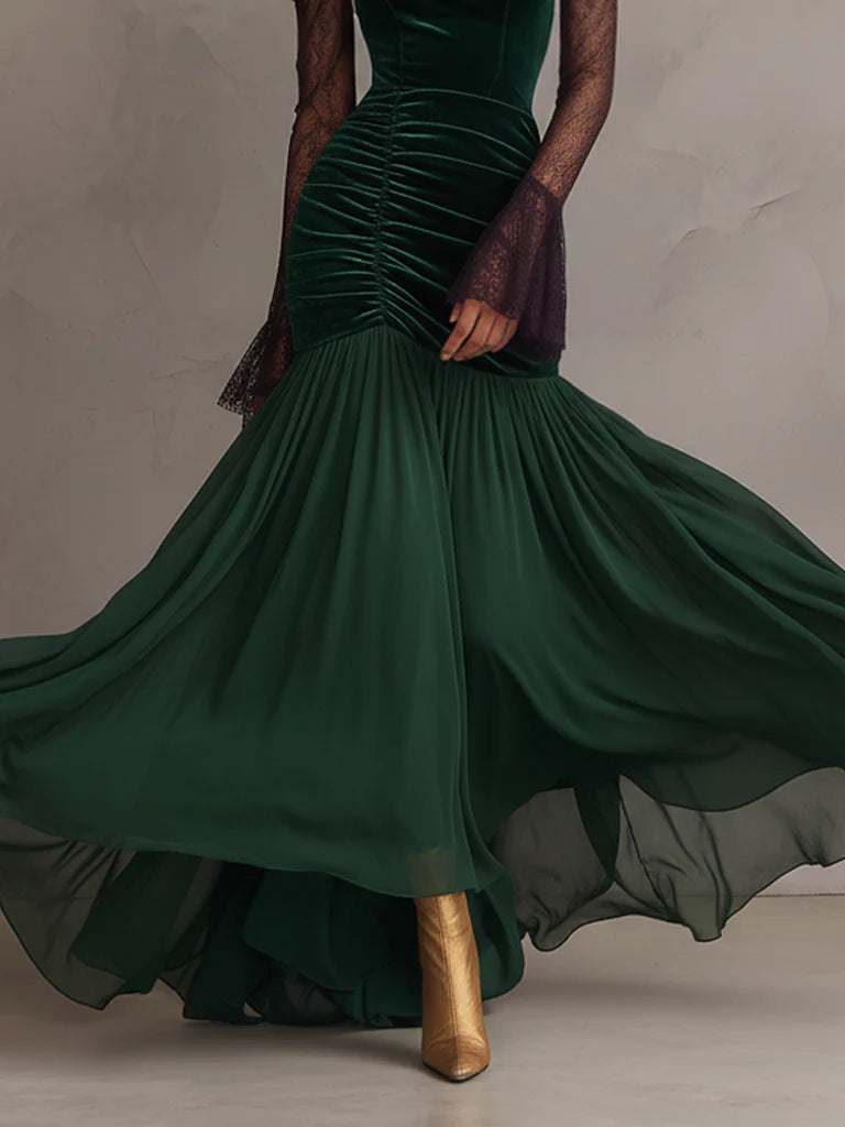 Green velvet chiffon lace-sleeved maxi dress
