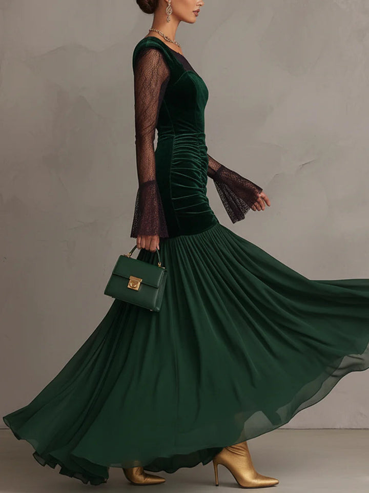 Green velvet chiffon lace-sleeved maxi dress