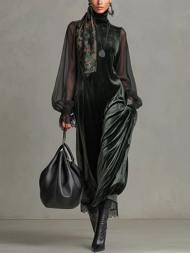 Dark green velvet maxi dress with black chiffon sleeves（Scarves not included）
