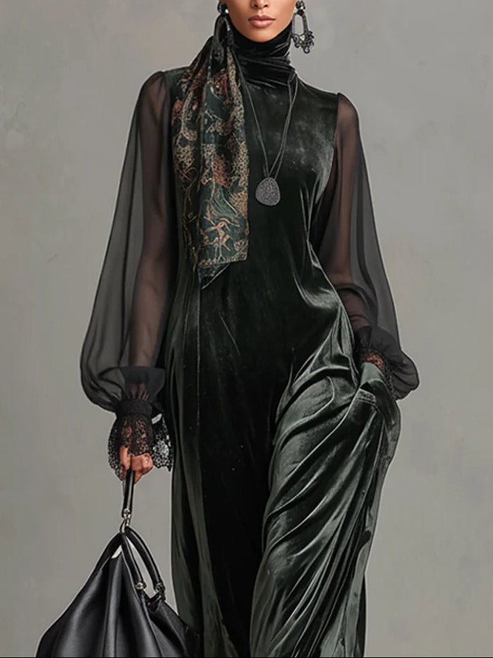 Dark green velvet maxi dress with black chiffon sleeves（Scarves not included）
