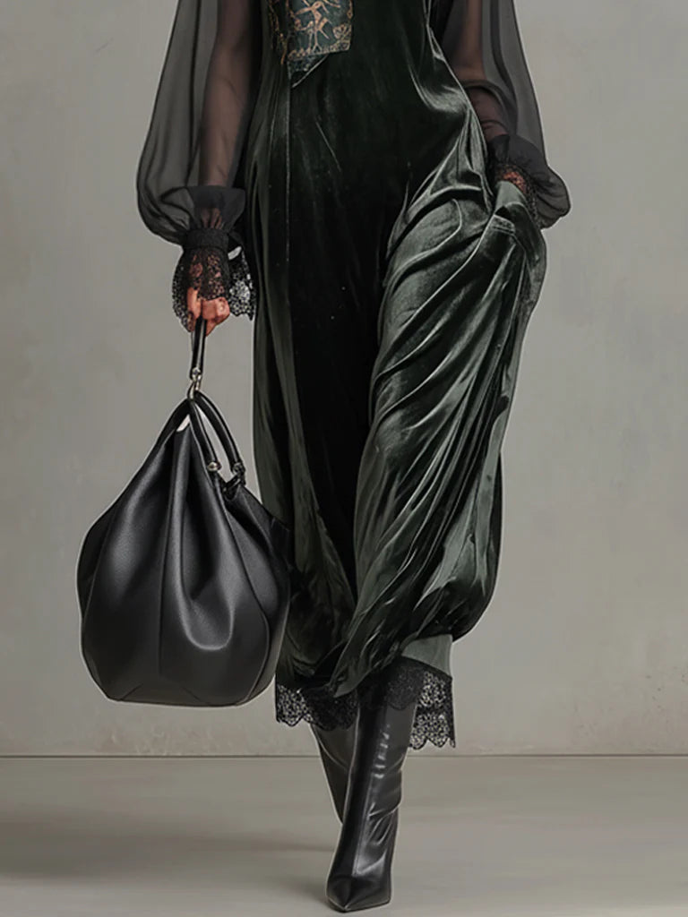 Dark green velvet maxi dress with black chiffon sleeves（Scarves not included）