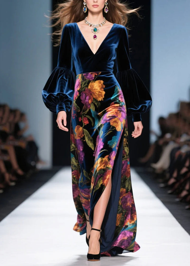 Navy blue printed lantern sleeve side-slit velvet maxi dress