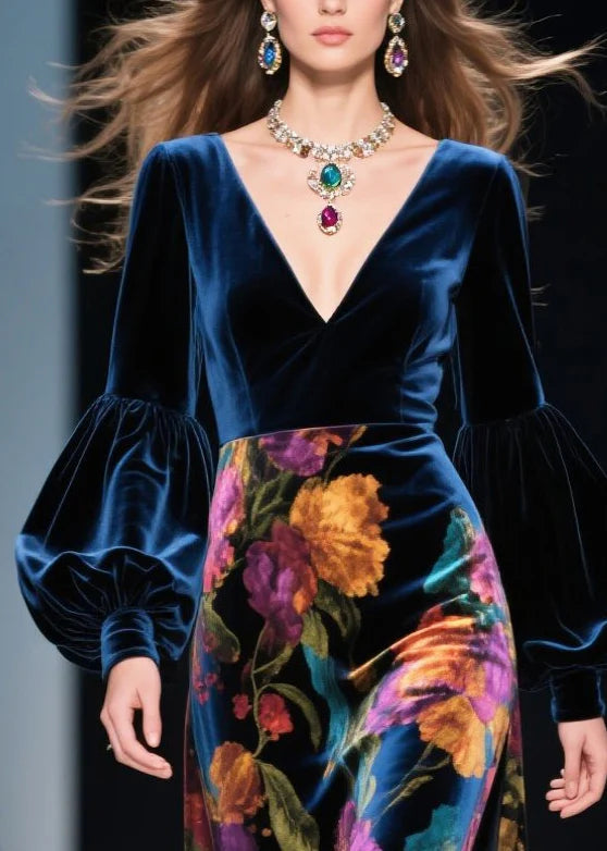 Navy blue printed lantern sleeve side-slit velvet maxi dress