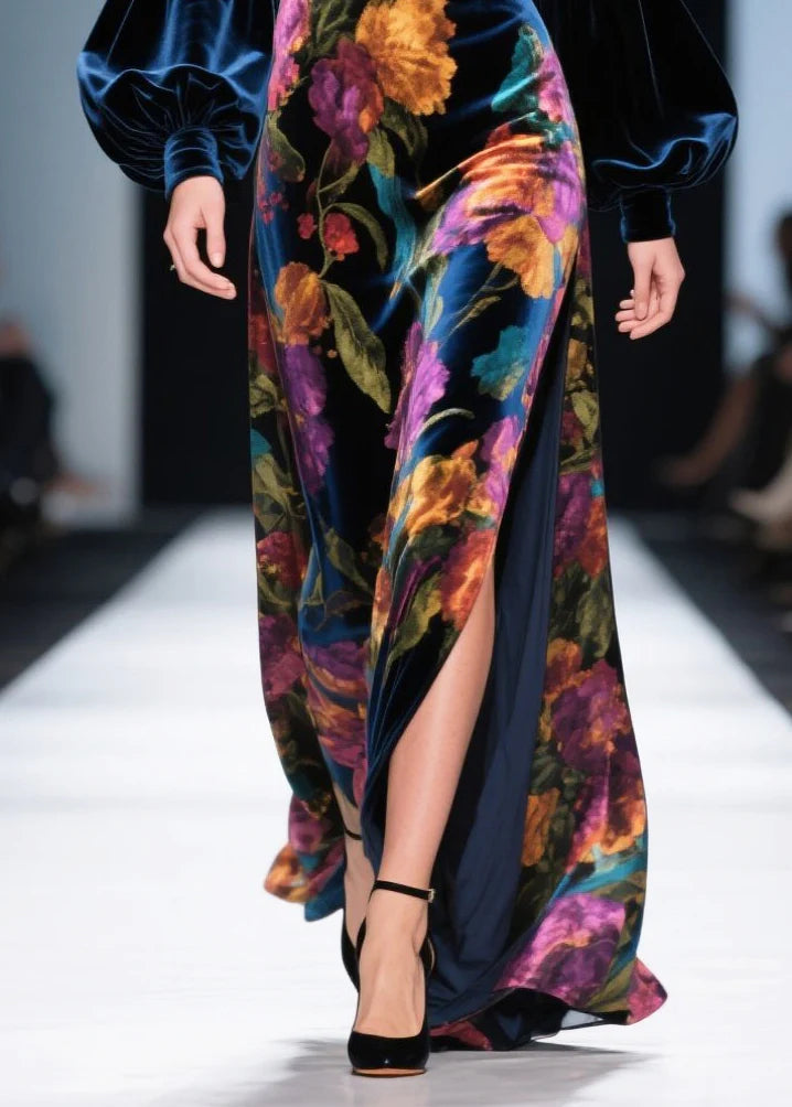 Navy blue printed lantern sleeve side-slit velvet maxi dress