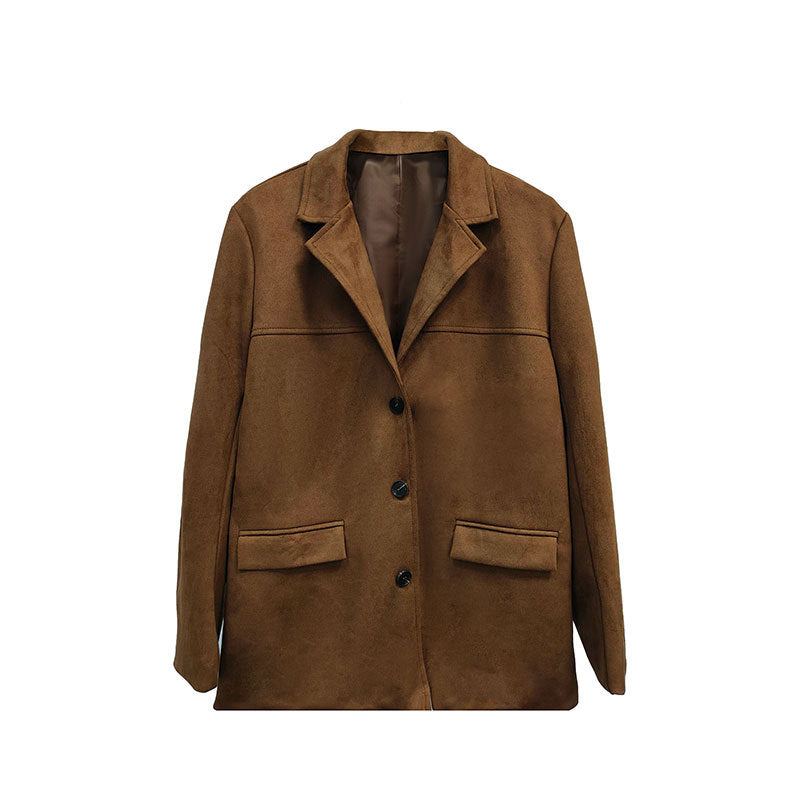 Retro Brown Faux Suede Loose-fitting Pocket Suit Jacket