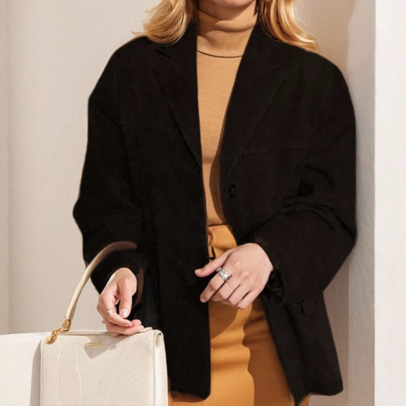 Retro Brown Faux Suede Loose-fitting Pocket Suit Jacket