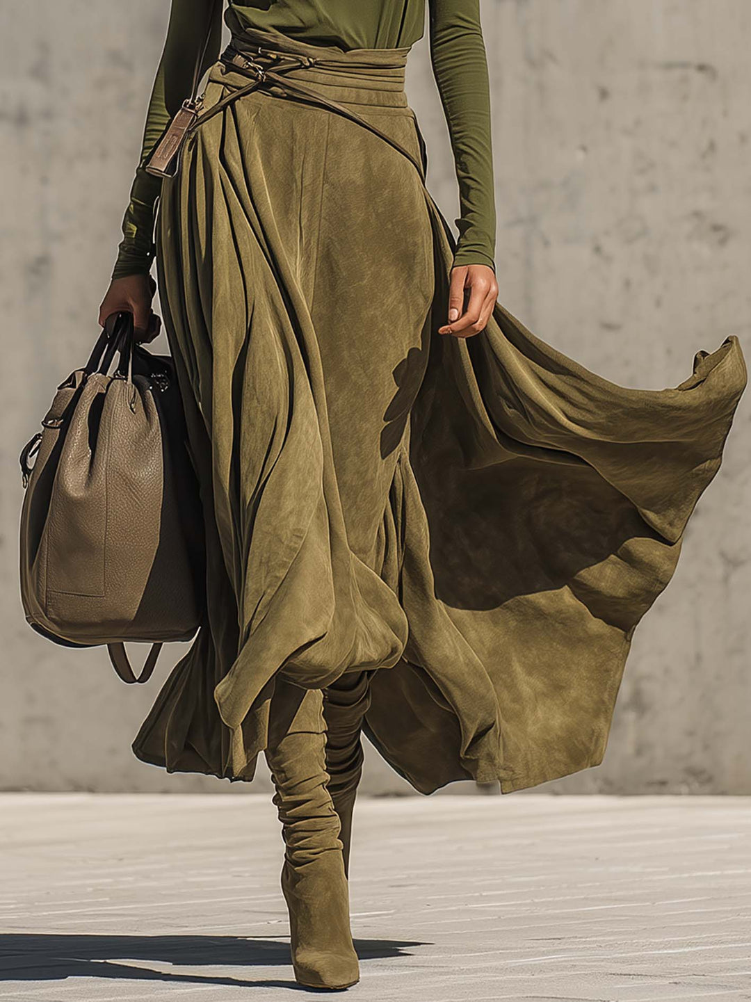 Olive Green Stretch Turtleneck Top And Faux Suede Maxi Skirt Set（Includes belt）