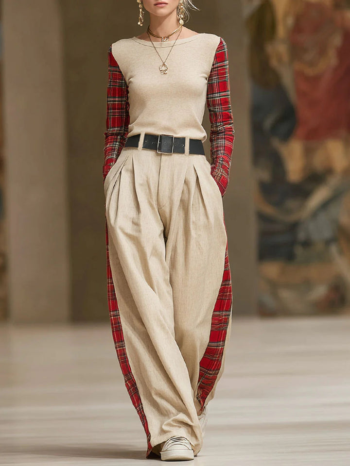 Red plaid patchwork long-sleeved T-shirt and loose wide-leg pants set（Includes belt）