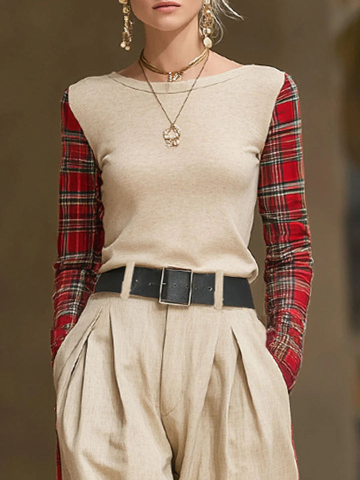 Red plaid patchwork long-sleeved T-shirt and loose wide-leg pants set（Includes belt）