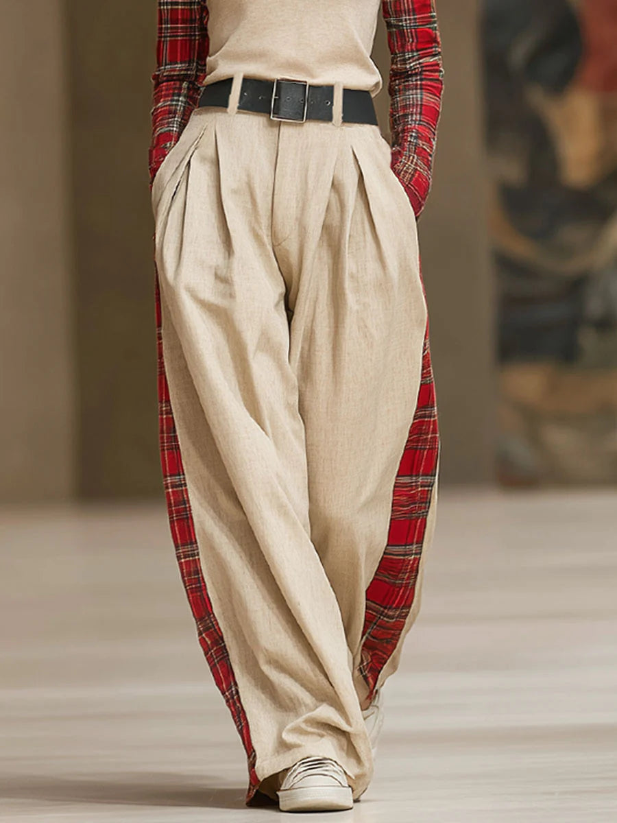 Red plaid patchwork long-sleeved T-shirt and loose wide-leg pants set（Includes belt）