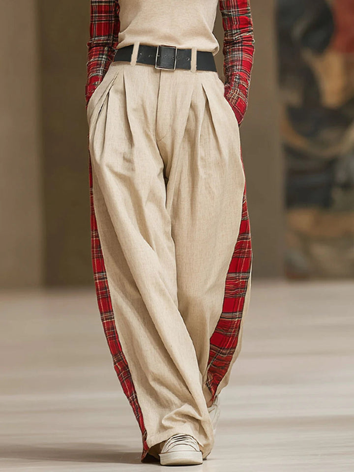 Red plaid patchwork long-sleeved T-shirt and loose wide-leg pants set（Includes belt）