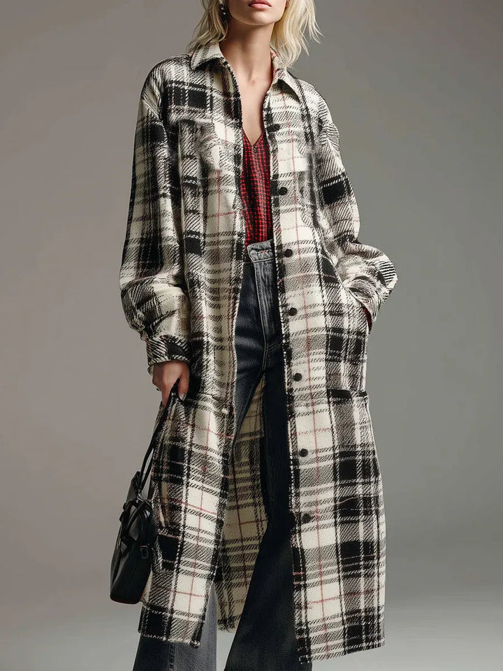 Retro casual black and white checkered shirt long coat
