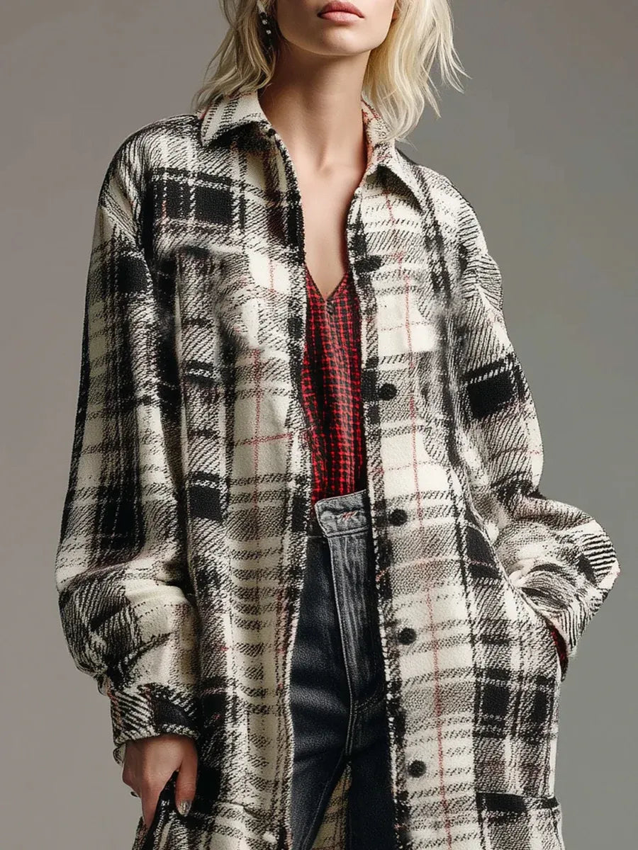 Retro casual black and white checkered shirt long coat
