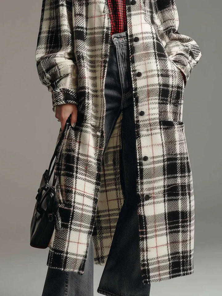Retro casual black and white checkered shirt long coat