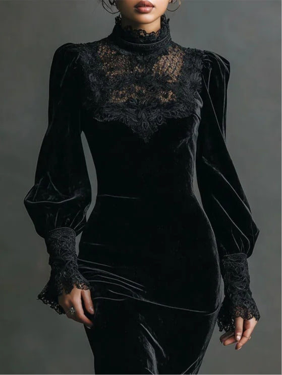 Retro velvet gothic lace patchwork slim-fit dress
