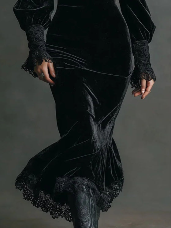 Retro velvet gothic lace patchwork slim-fit dress