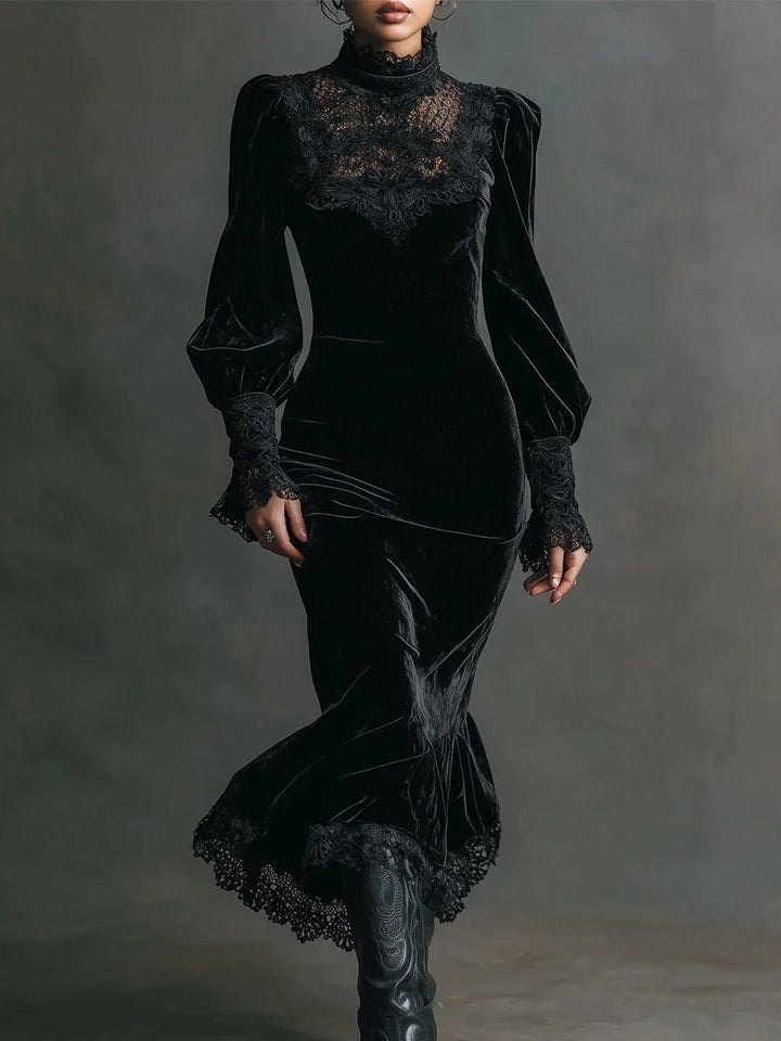 Retro velvet gothic lace patchwork slim-fit dress