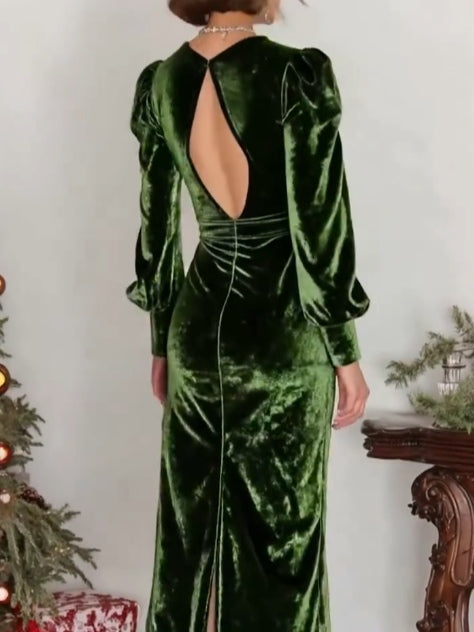 Green V-neck pleated velvet maxi dress