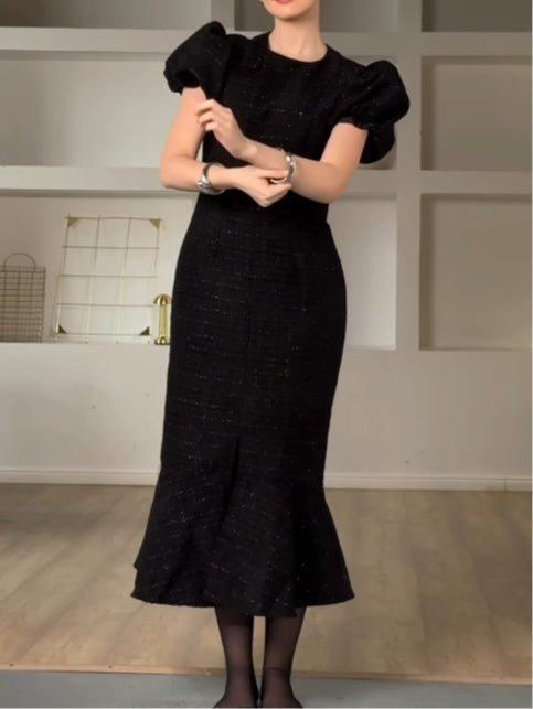Elegant black Chanel-style puff sleeve midi dress