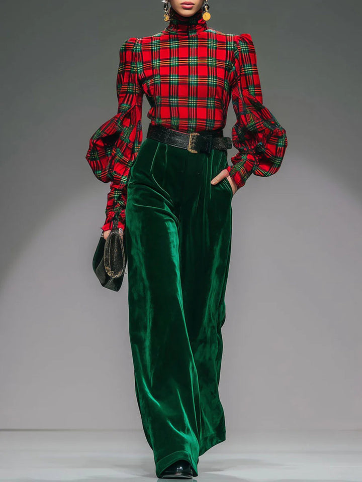 Retro plaid velvet turtleneck and wide-leg pants set（Includes belt）