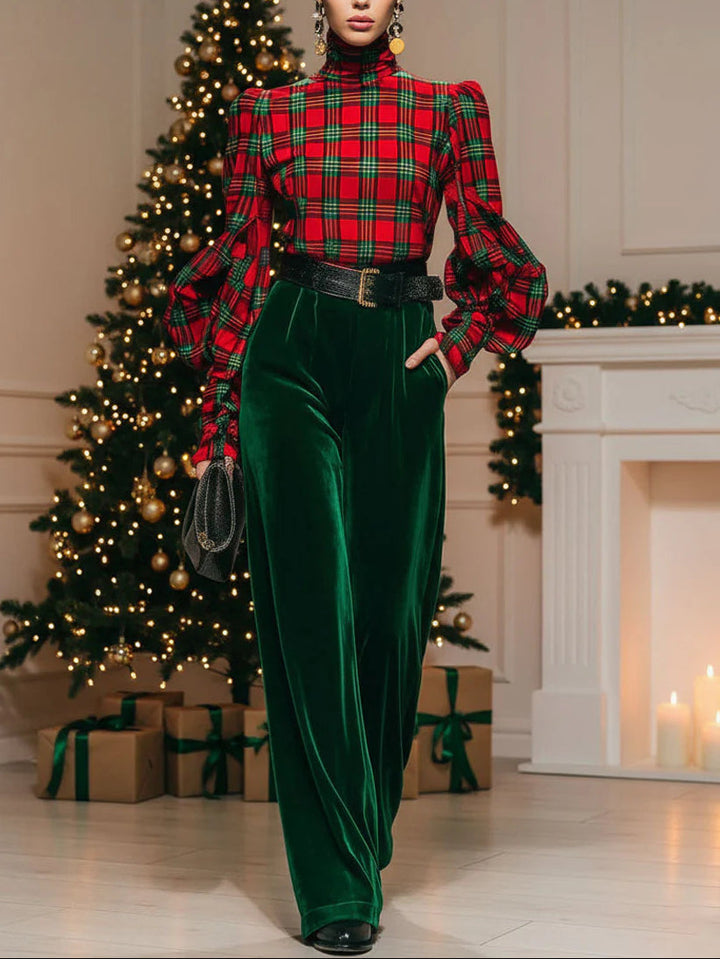 Retro plaid velvet turtleneck and wide-leg pants set（Includes belt）