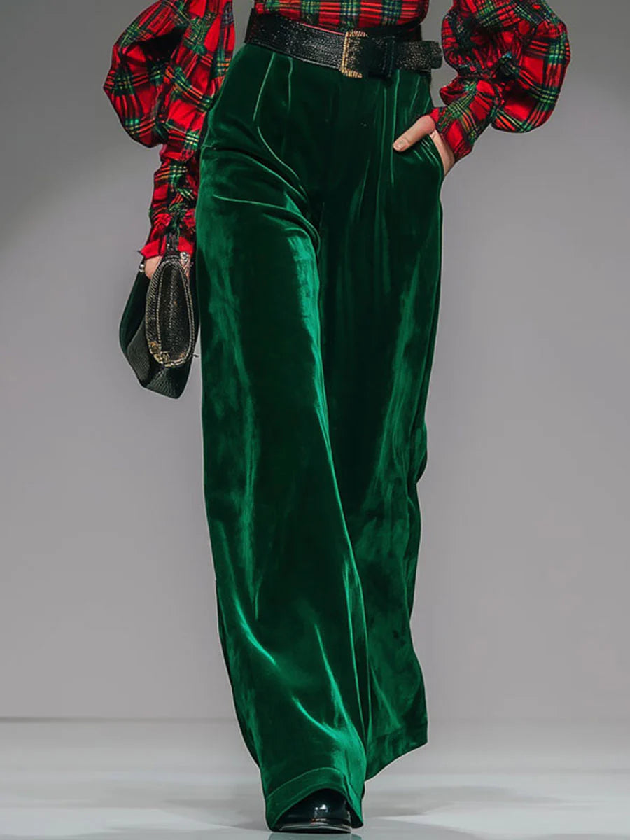Retro plaid velvet turtleneck and wide-leg pants set（Includes belt）