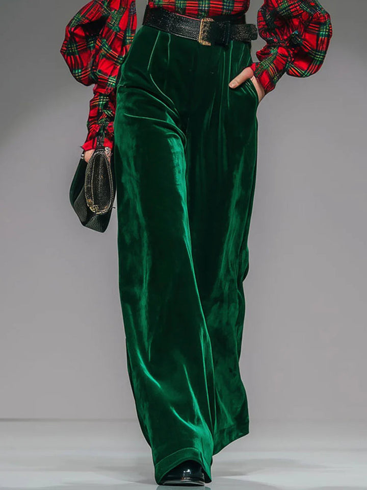 Retro plaid velvet turtleneck and wide-leg pants set（Includes belt）