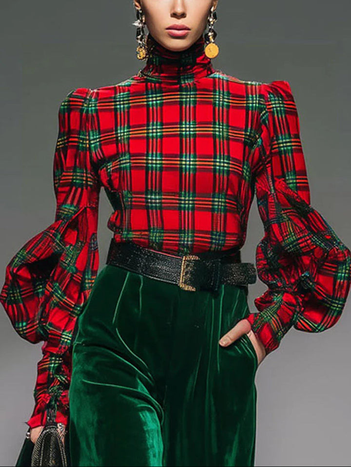 Retro plaid velvet turtleneck and wide-leg pants set（Includes belt）