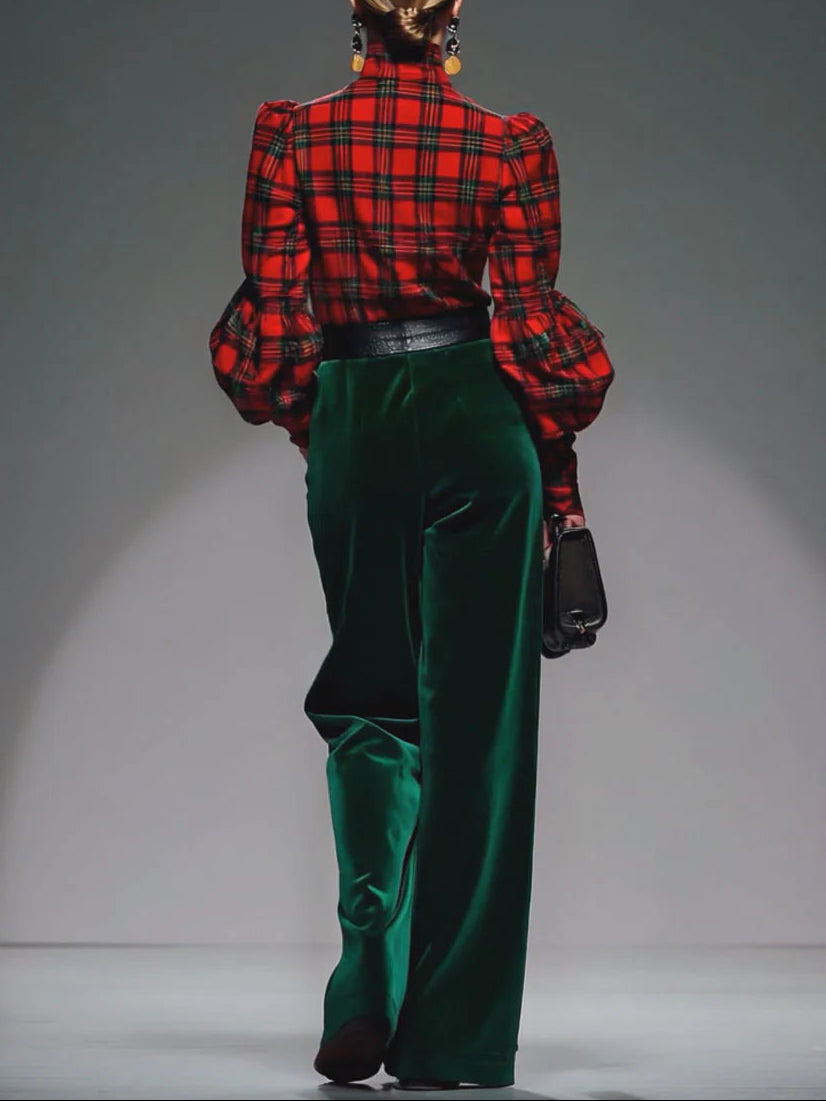 Retro plaid velvet turtleneck and wide-leg pants set（Includes belt）