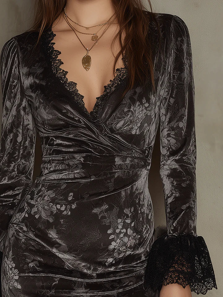Floral velvet wrap dress with lace trim